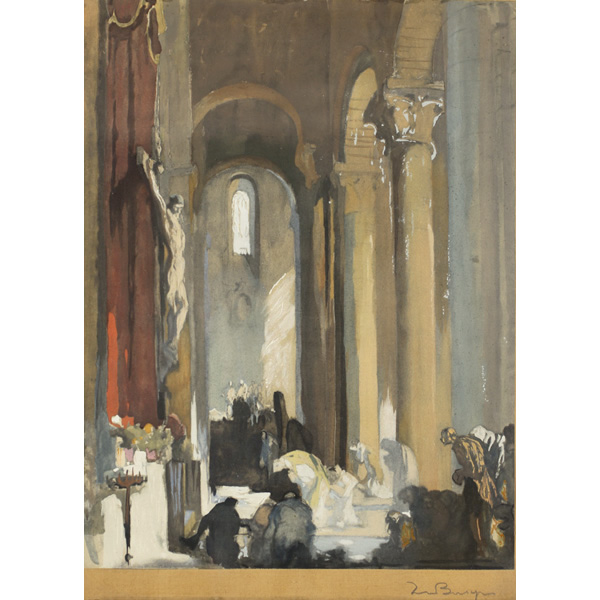 Appraisal: Frank Brangwyn - cathedral interiorheavily hand colored lithographpencil signature on