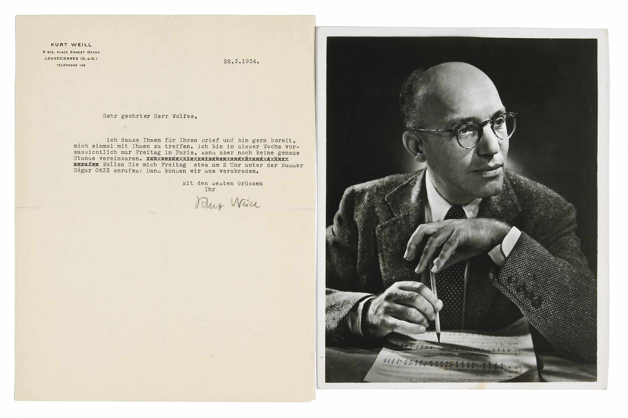 Appraisal: WEILL KURT Typed Letter Signed ''Kurt Weill'' in pencil p