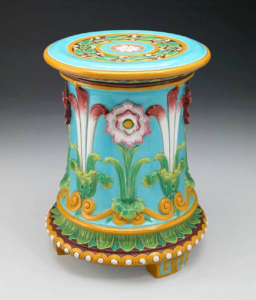 Appraisal: A Minton majolica turquoise ground garden seat date code for