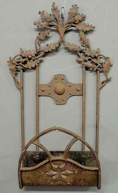 Appraisal: Continental hammered iron hanging rack with oak leaf decoration x