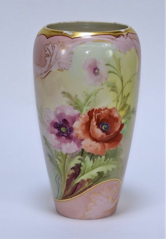 Appraisal: American Belleek Porcelain Pink Red Peony Vase United States Early