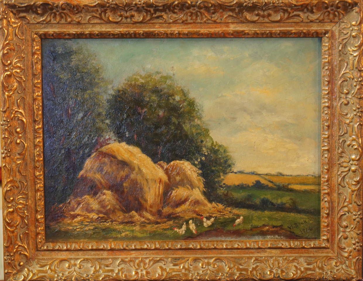 Appraisal: W Bentel British thC Country landscape with haystacks and chickens