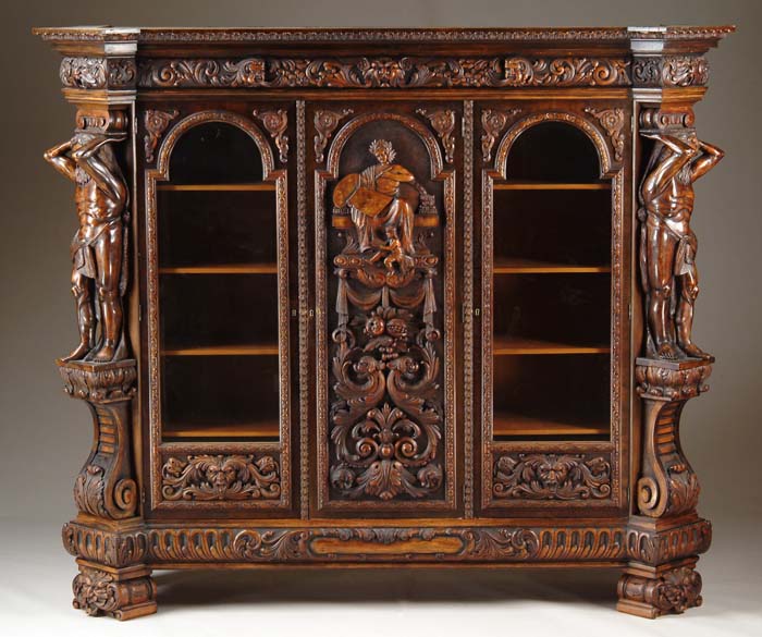 Appraisal: MASSIVE CARVED FIGURAL CHINA CABINET Piece comes apart in sections