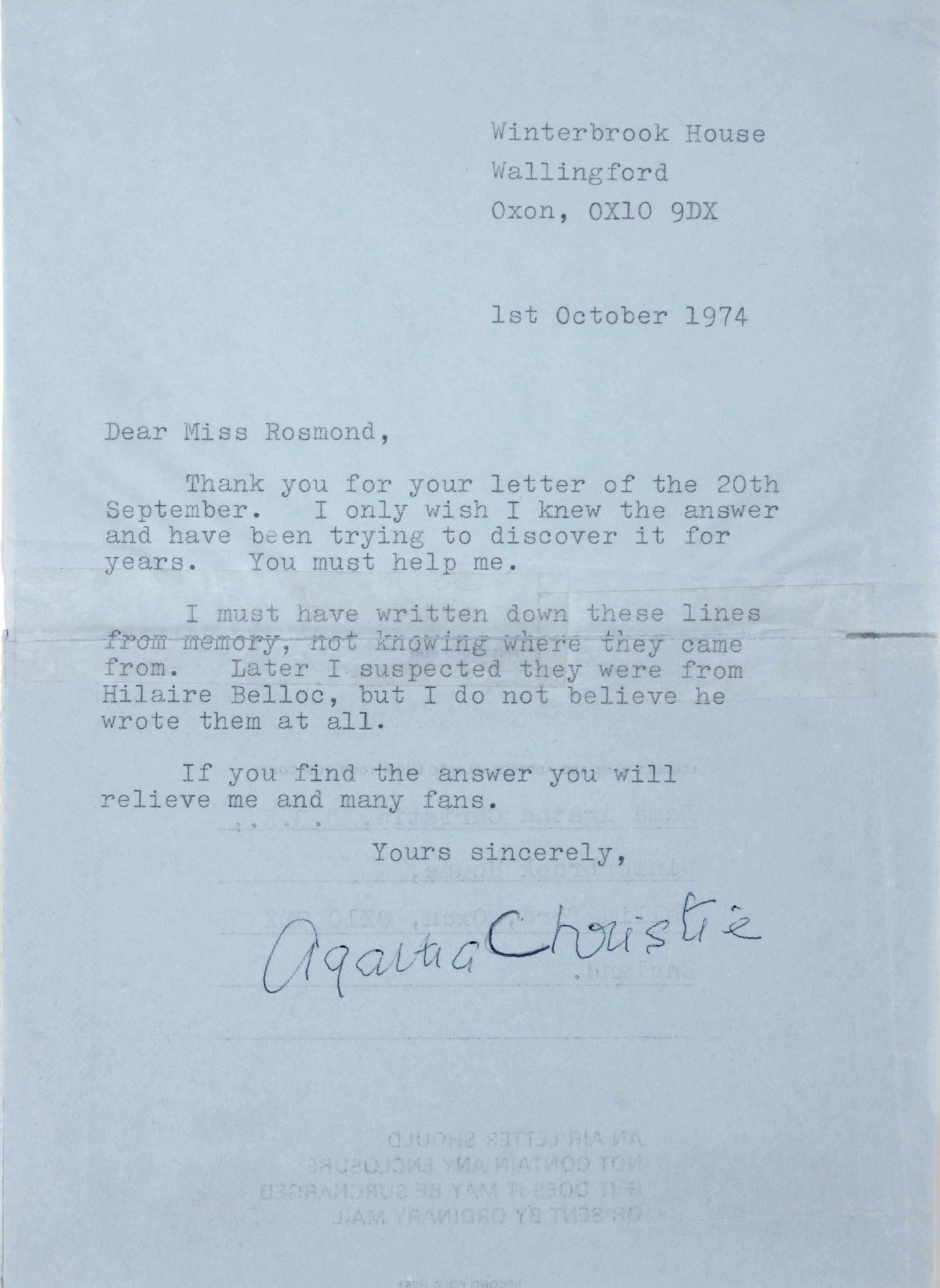 Appraisal: CHRISTIE AGATHA - Typed Letter Signed ''Agatha Christie'' p vo