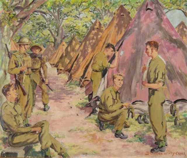 Appraisal: DEIDRE HENTY-CREER TH CENTURY Soldiers relaxing in camp signed lower