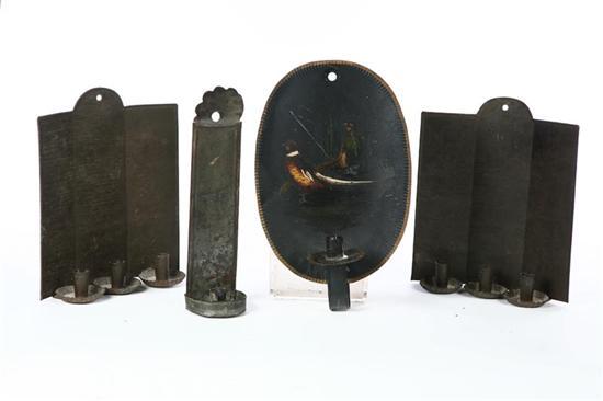 Appraisal: FOUR TIN CANDLE SCONCES American th century Single with crimped