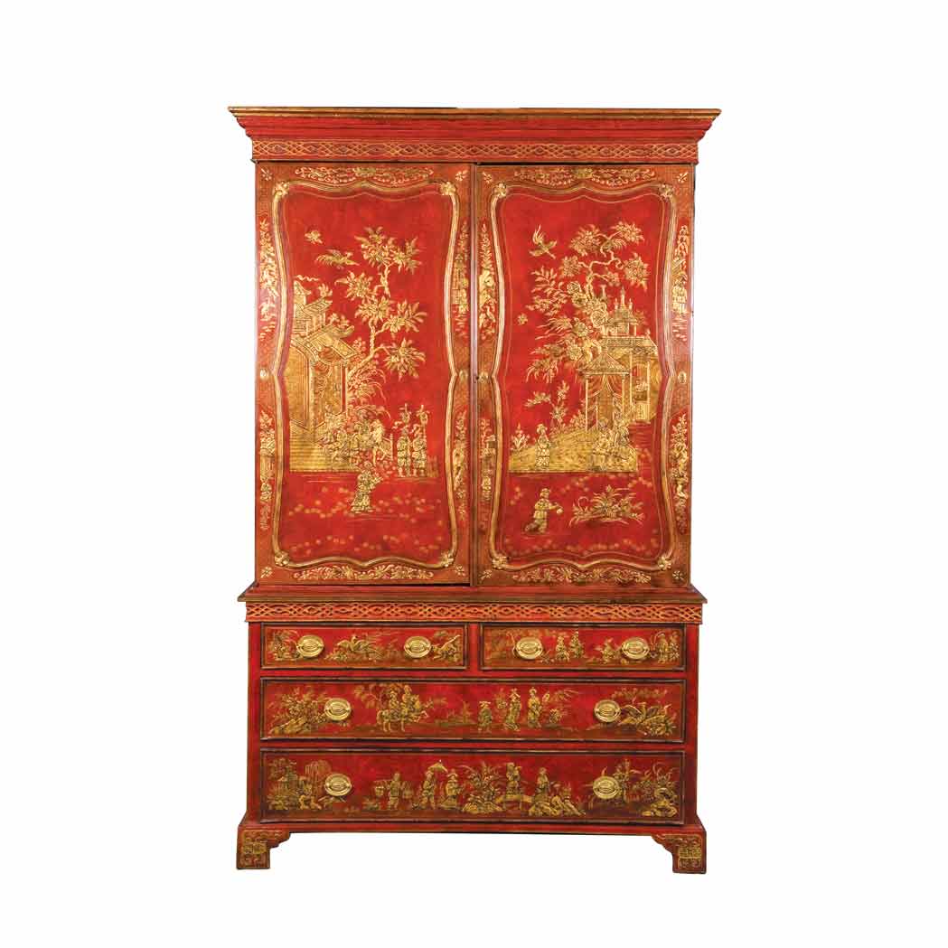 Appraisal: George II Style Chinoiserie Decorated Red Painted Linen Press Height