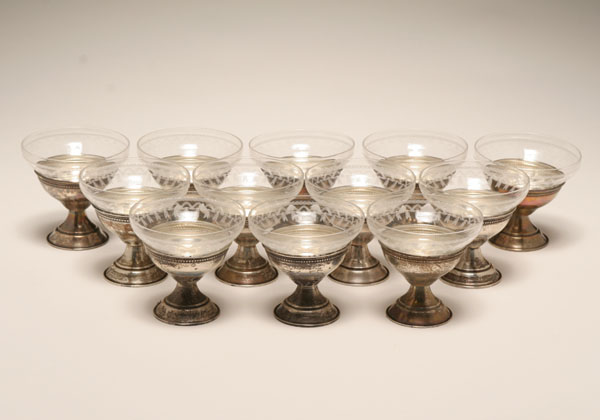 Appraisal: Twelve sterling silver and etched glass sherbets H Good condition