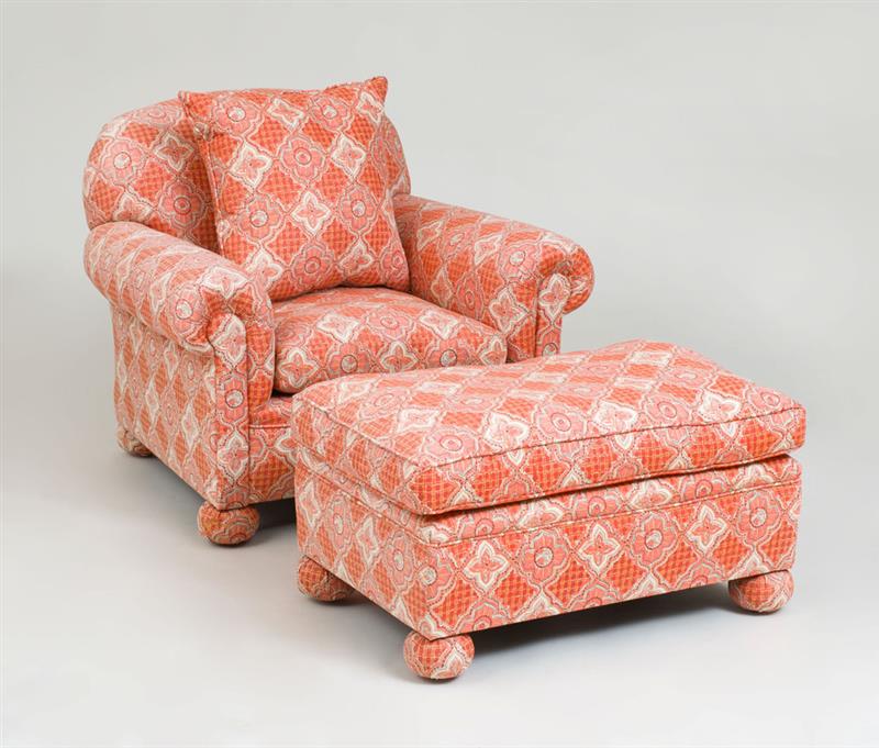 Appraisal: COTTON UPHOLSTERED ARMCHAIR AND MATCHING OTTOMAN Chair x x in