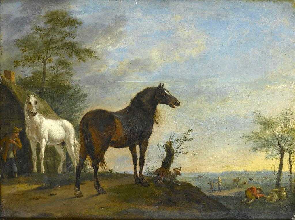 Appraisal: FOLLOWER OF PHILIPS WOUWERMANS LANDSCAPE WITH PEASANTS AND TWO HORSES