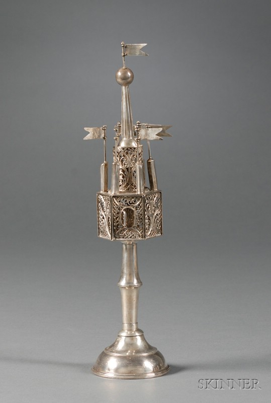 Appraisal: German Silver and Silver Filigree Tower-form Spice Container indistinctly marked