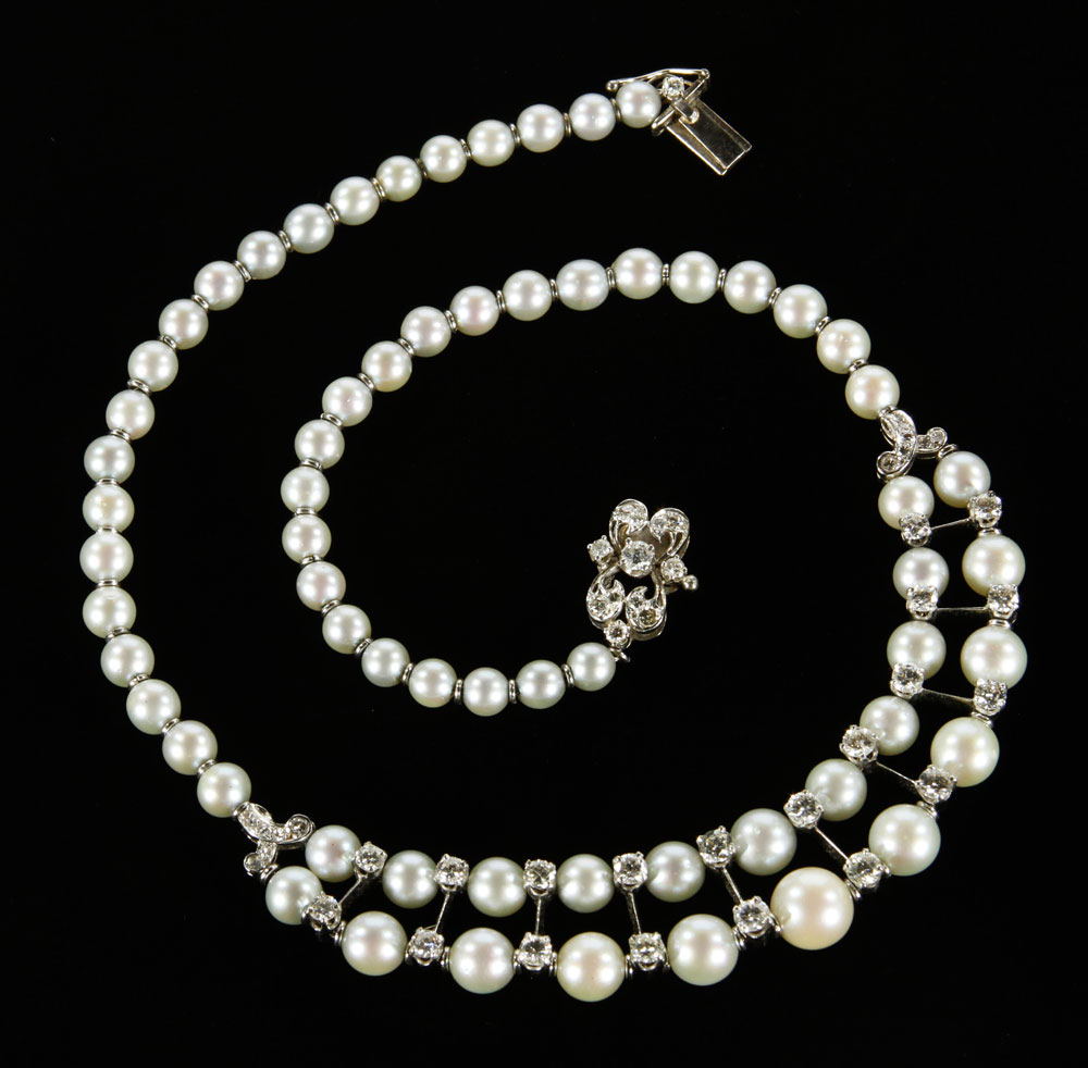 Appraisal: - K Gold Diamond and Pearl Necklace K white gold