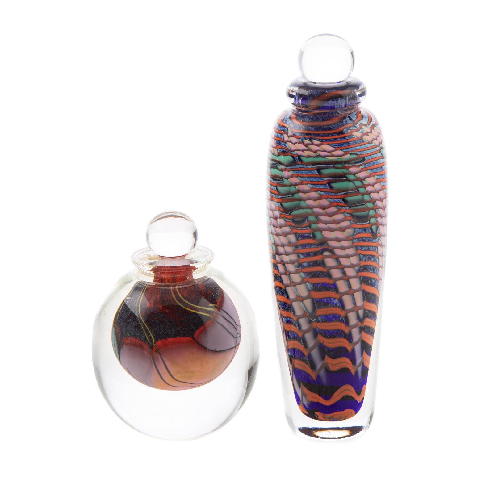 Appraisal: TWO ART GLASS DRESSER BOTTLES BY STEVEN MAIN th century