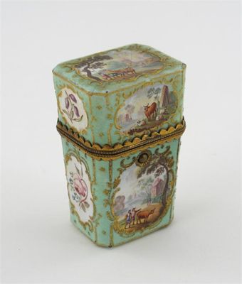 Appraisal: An enamel sewing case the rectangular chamfered body painted with