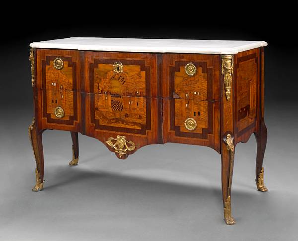 Appraisal: A Louis XV XVI transitional gilt bronze mounted marquetry commode