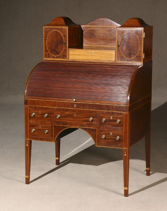 Appraisal: Federal Satinwood Inlaid Mahogany Lady's Two-Part Tambour Cylinder Secretary-Desk Baltimore