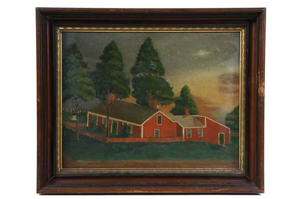 Appraisal: OOC - Primitive Red Farmhouse with Landscape on sailcloth ca