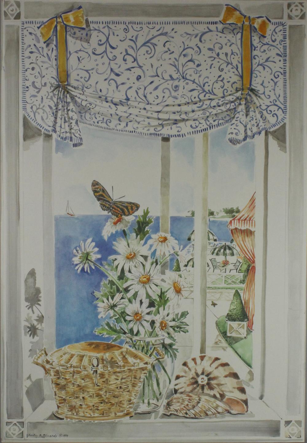 Appraisal: KIRSTY EDWARDS WINDOW SCENE WITH MONARCH BUTTERFLY Mixed media on