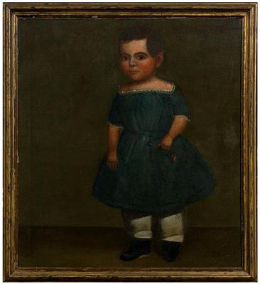 Appraisal: Folk art portrait child in blue dress holding horn unsigned