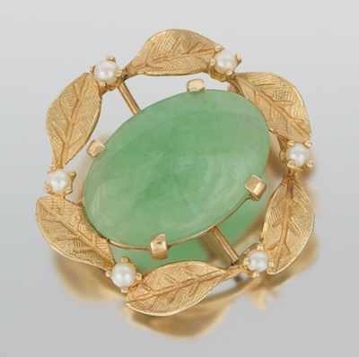 Appraisal: A Ladies' Jade and Pearl Brooch k yellow gold brooch