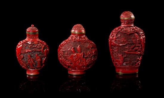 Appraisal: Sale Lot A Group of Three Cinnabar Lacquer Snuff Bottles