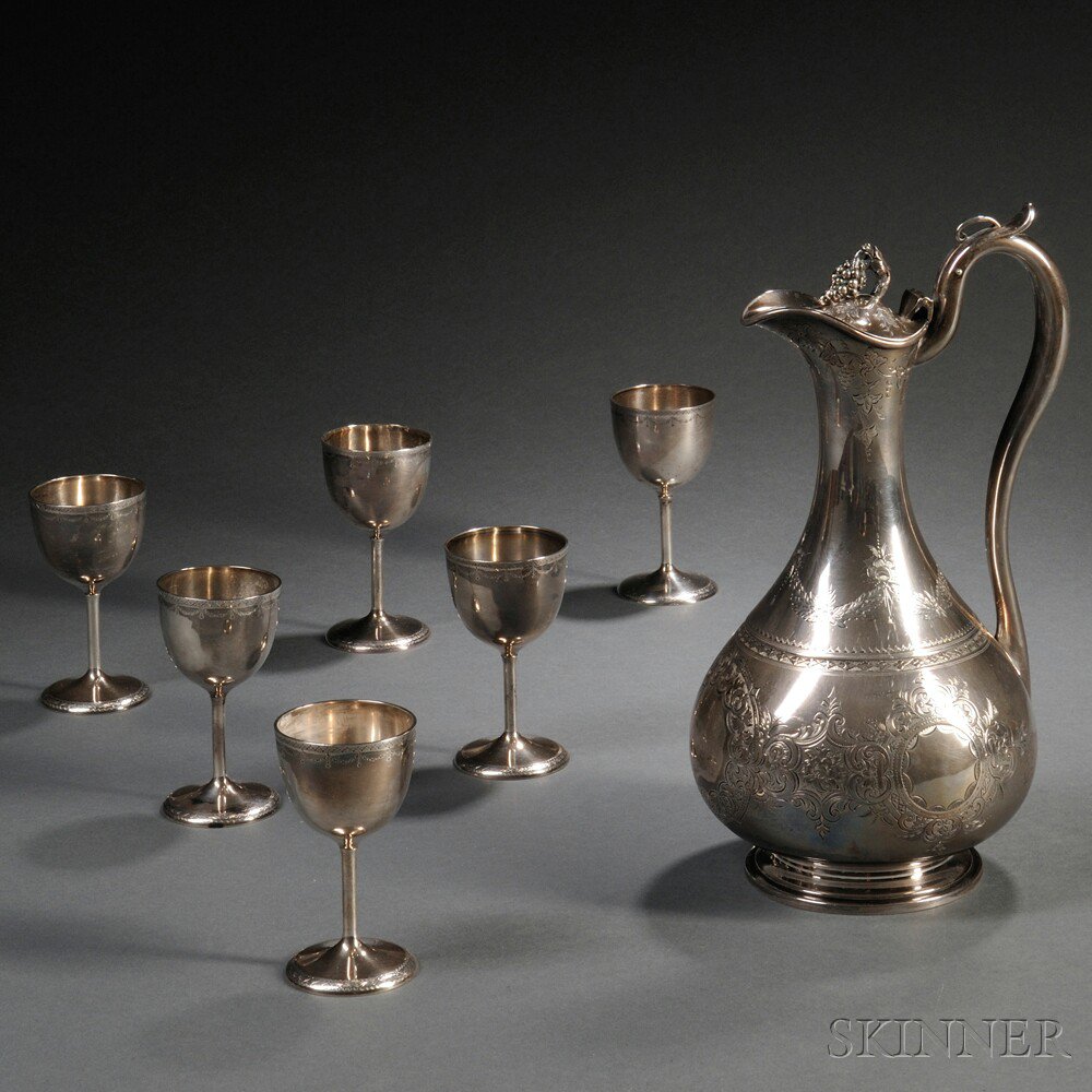 Appraisal: Haddock Lincoln Foss Coin Silver Wine Ewer and Six Associated