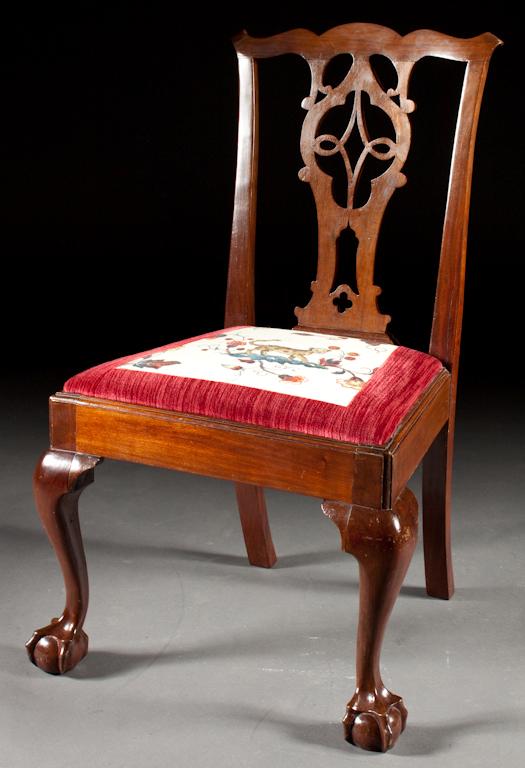 Appraisal: Chippendale carved mahogany upholstered seat side chair circa serpentined crest