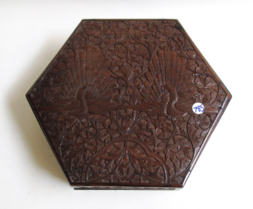 Appraisal: CHINESE CARVED WOOD JEWELRY BOX having hexagonal form with interior