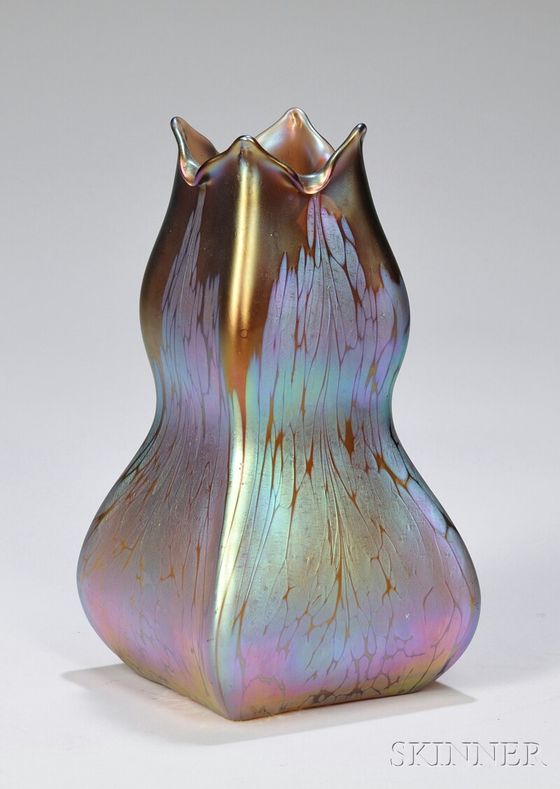 Appraisal: Loetz Art Nouveau Iridescent Four-sided Art Glass Vase polished pontil