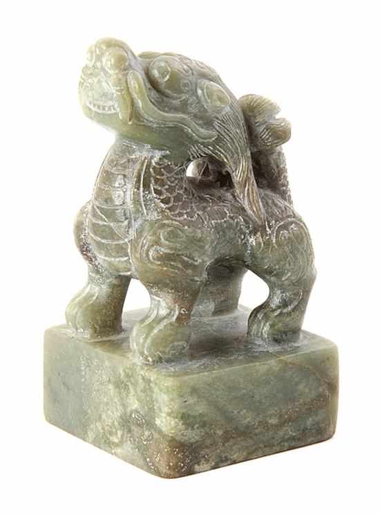 Appraisal: Chinese carved jade figural seal Qing Dynasty seated shishi atop