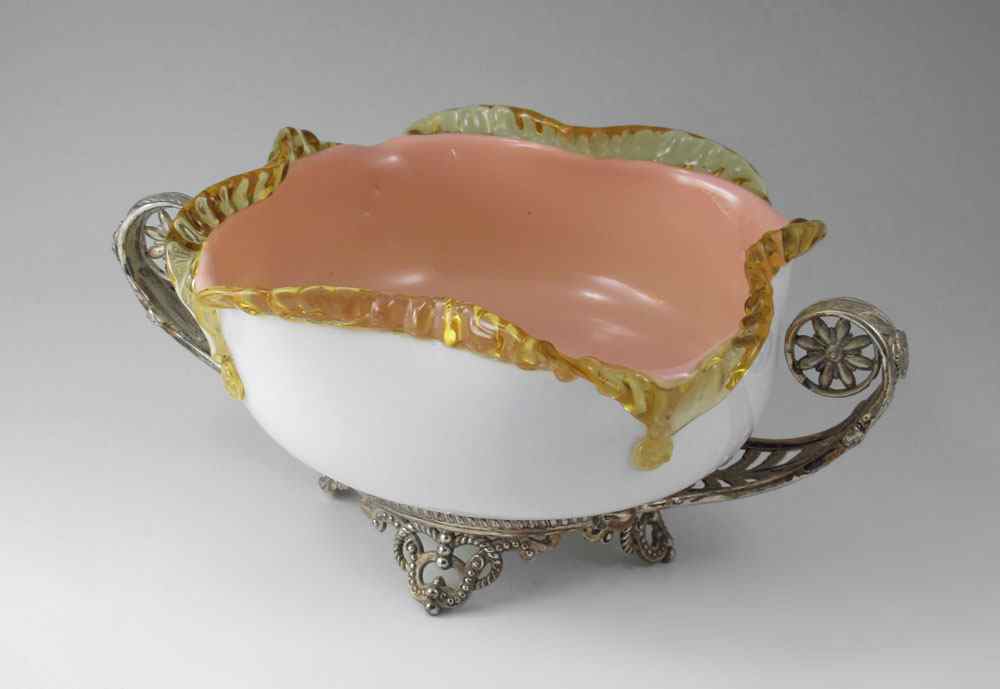 Appraisal: VICTORIAN ART GLASS BRIDES BASKET Peach glass with applied amber