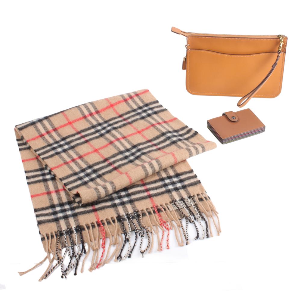 Appraisal: Coach light brown leather zip wristlet clutch Burberry cashmere tartan