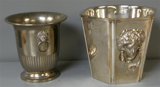 Appraisal: Silver plated ice bucket with mask scroll handles high and