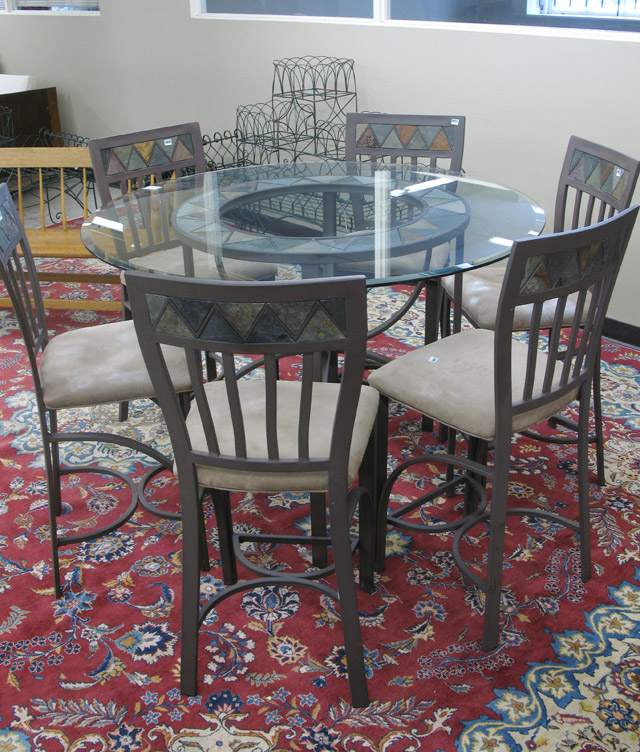 Appraisal: SEVEN-PIECE CONTEMPORARY CAFE TABLE AND CHAIR SET comprising round glass-top