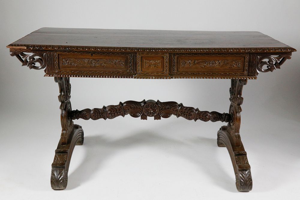 Appraisal: th c Teak Spanish Colonial Carved Library Table th Century