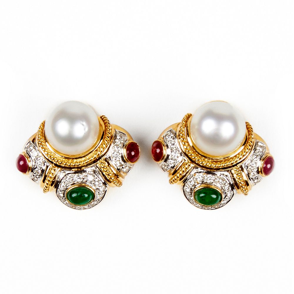 Appraisal: K Gold Clip Back Earrings - Diamond Pearl Emerald Ruby