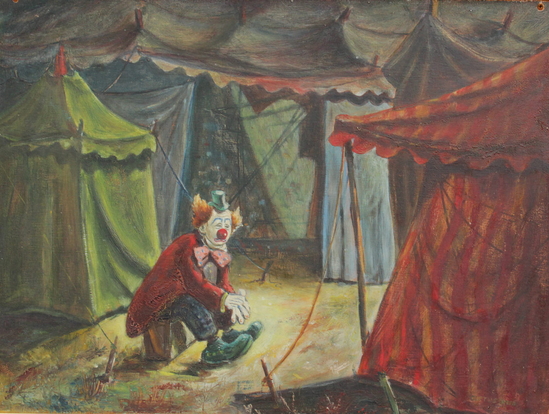 Appraisal: CIRCUS THEMED PAINTING DEPICTING A SAD CLOWN Oil Board signed