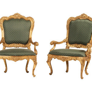 Appraisal: A Pair of Rococo Style Giltwood Fauteuils th Century Height