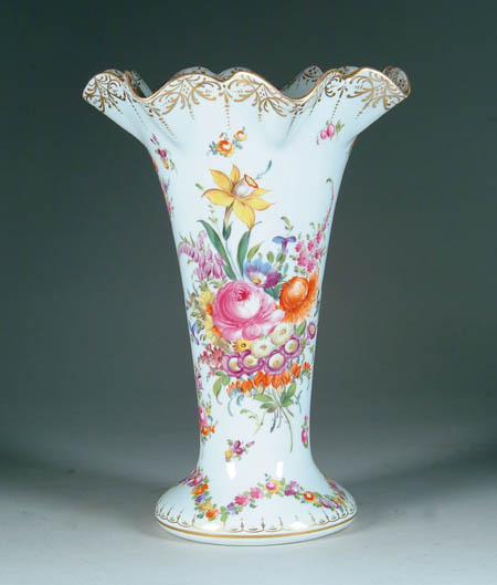 Appraisal: FINE DRESDEN HAND PAINTED FLOWER VASE Ruffled flaring top with