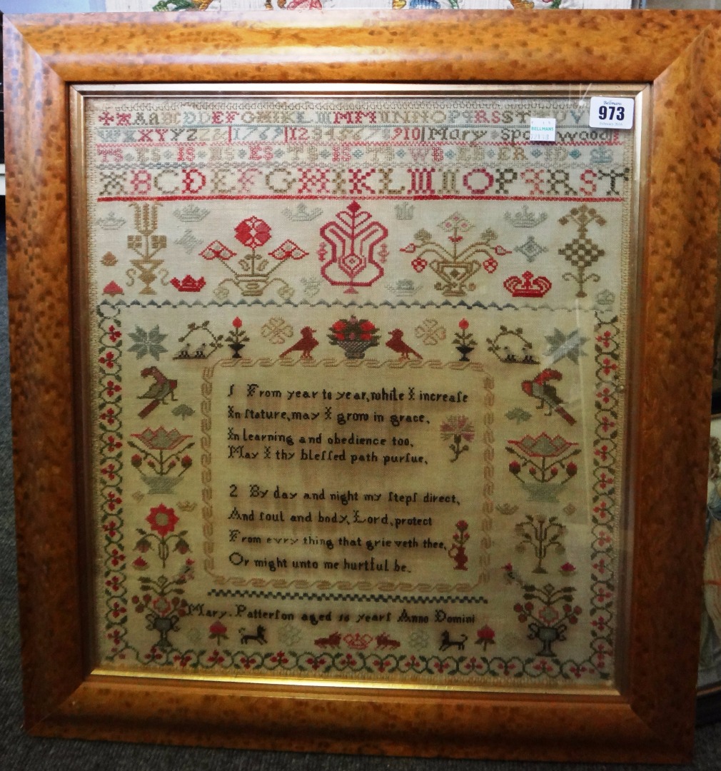 Appraisal: An early th century needlework sampler by Mary Patterton aged