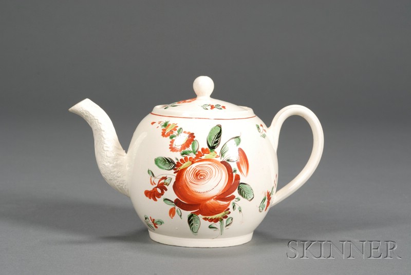 Appraisal: Staffordshire Enamel Decorated Creamware Teapot and Cover England c leaf