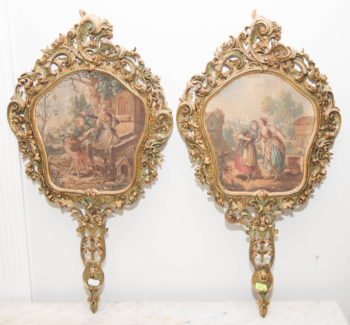 Appraisal: Pr of giltwood framed oils on fabric wall hangings