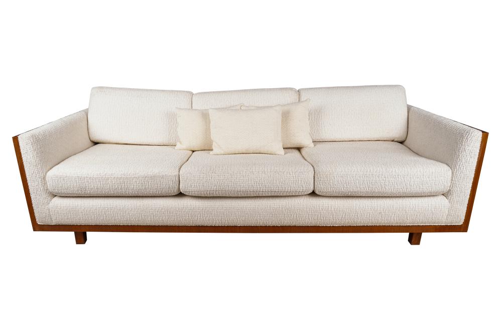 Appraisal: MODERN UPHOLSTERED TEAK SOFAcovered in off-white textured fabric Condition fabric