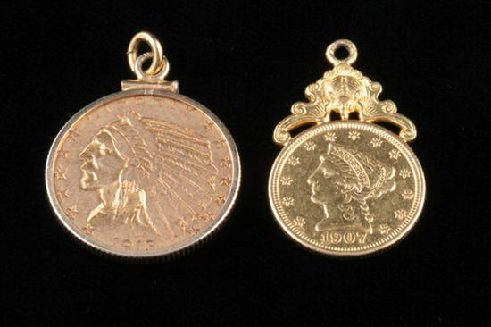 Appraisal: TWO U S GOLD COINS EACH MOUNTED AS A PENDANT