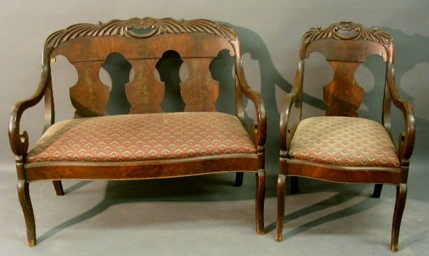 Appraisal: Empire mahogany settee and matching open armchair Settee- h x