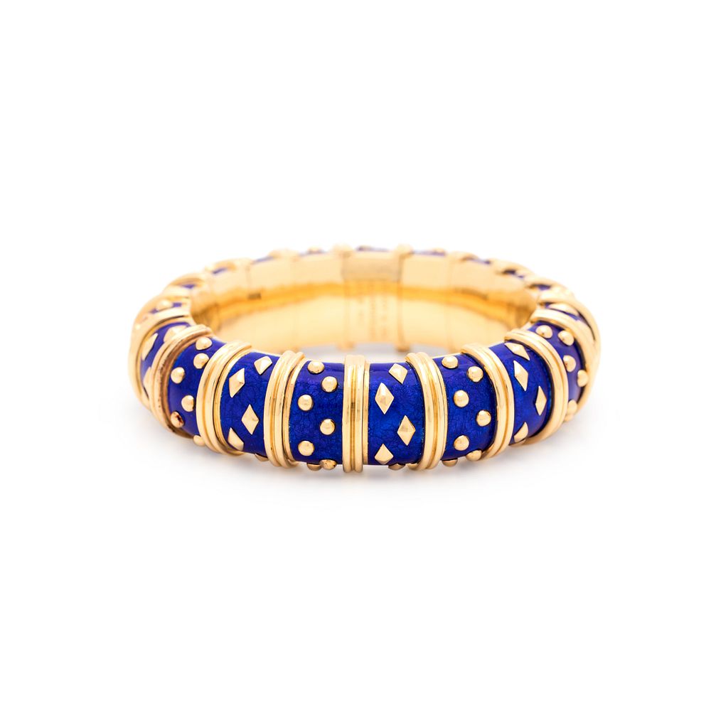 Appraisal: TIFFANY CO SCHLUMBERGER YELLOW GOLD AND ENAMEL 'DOT LOSANGE' BANGLE