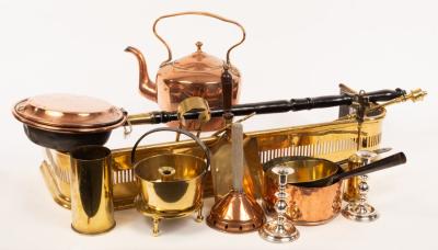 Appraisal: A copper kettle a copper warming pan and sundry brass