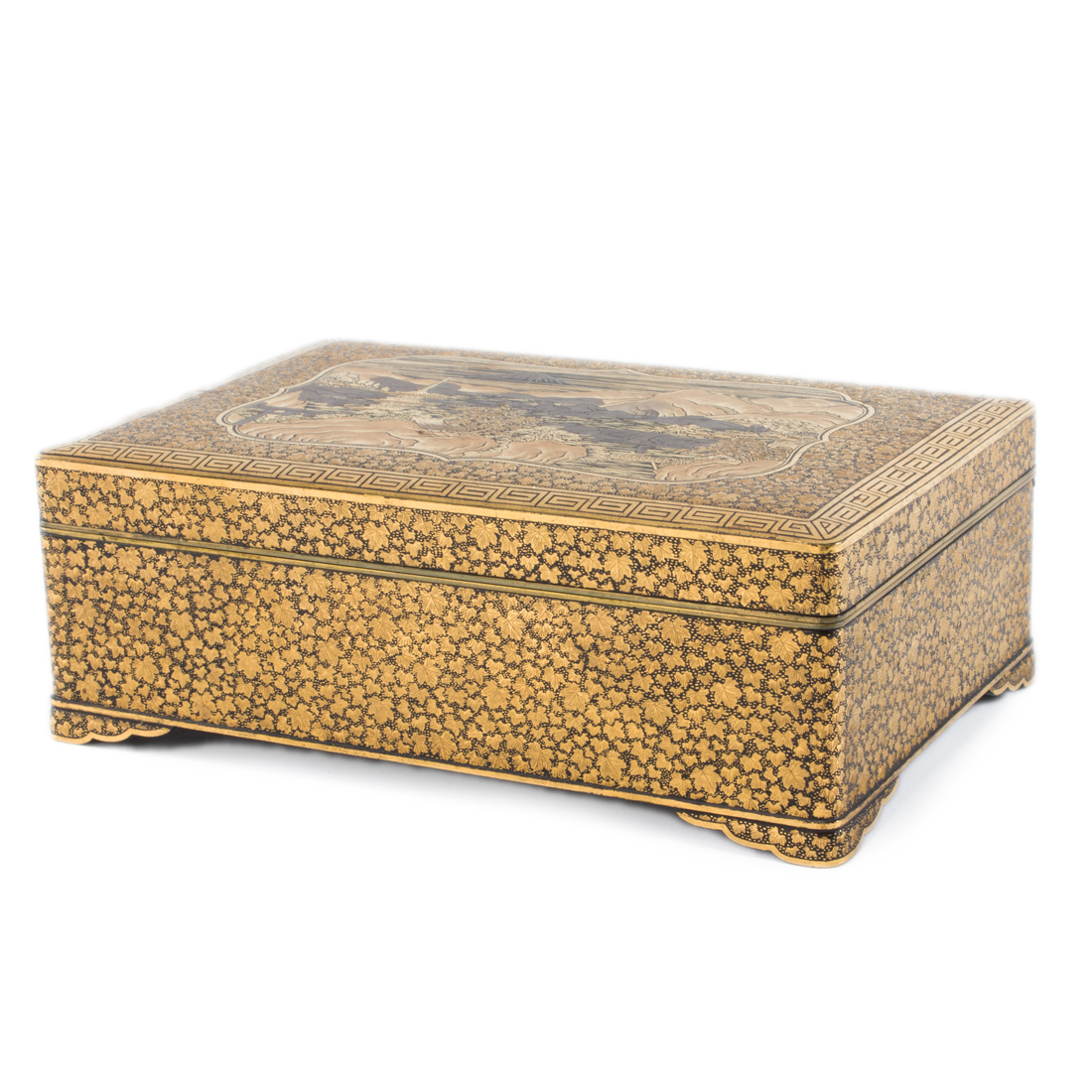 Appraisal: JAPANESE DAMASCENE-DECORATED HUMIDOR Japanese damascene-decorated humidor the rectangular container decorated