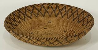 Appraisal: Mission basketry bowl Mission basketry bowl decorated with repeating triangles