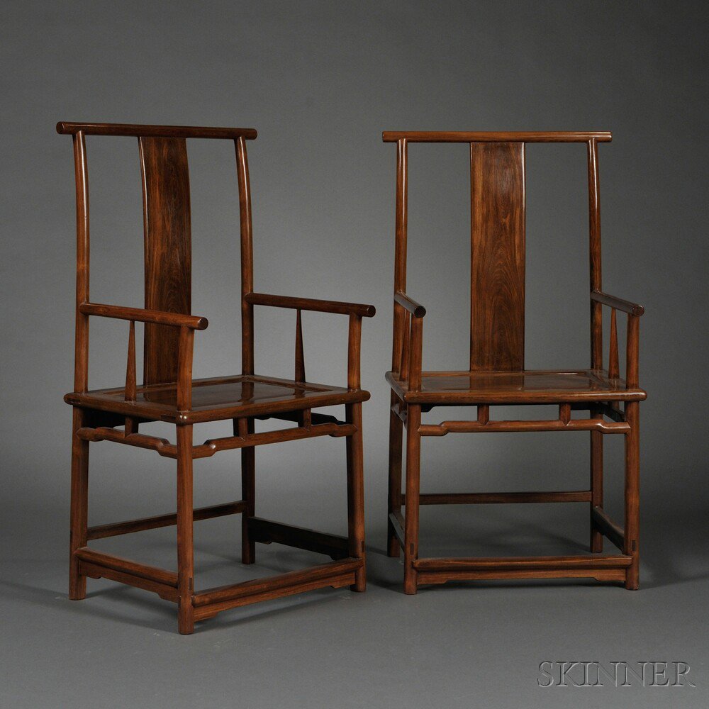 Appraisal: Pair of Straight-back Armchairs China hardwood ht crest rail seat